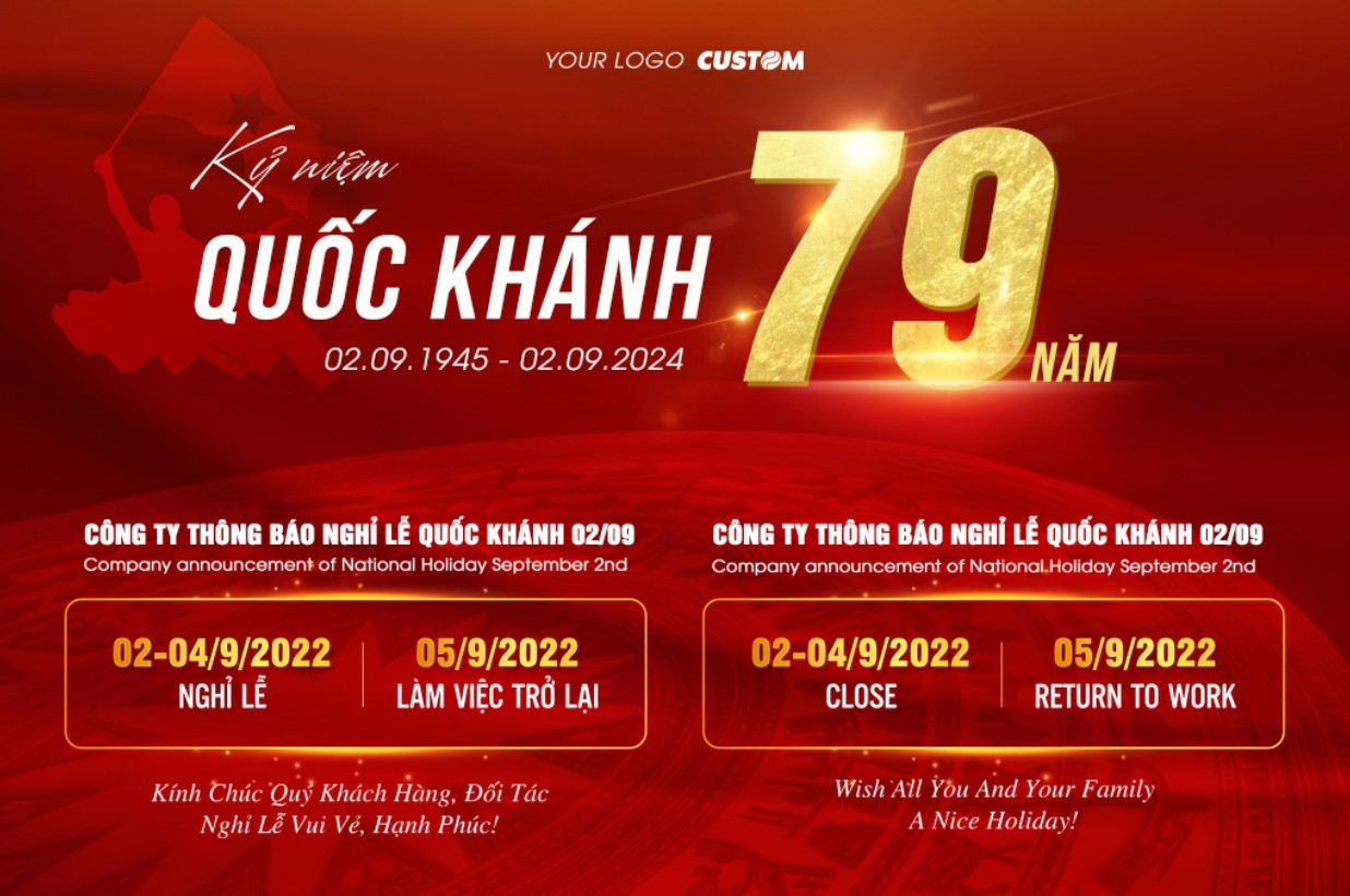 Vietnam National Day holiday announcement poster, overall design is festive and informative, providing important information for the holiday and back to work, poster thông báo nghỉ lễ quốc khánh